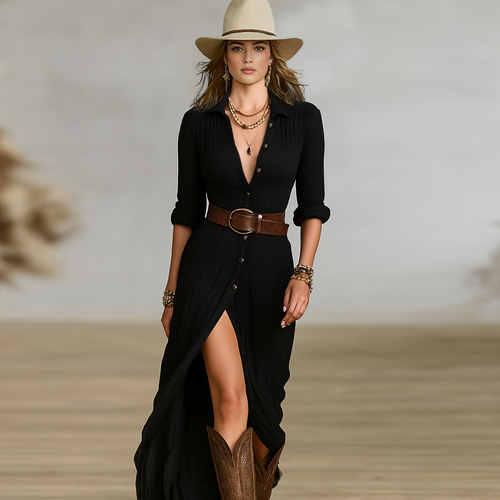 Amelle Abito Lungo Donna – Collo a Revers, Maxi Plissettato & Vestito Elegante Casual