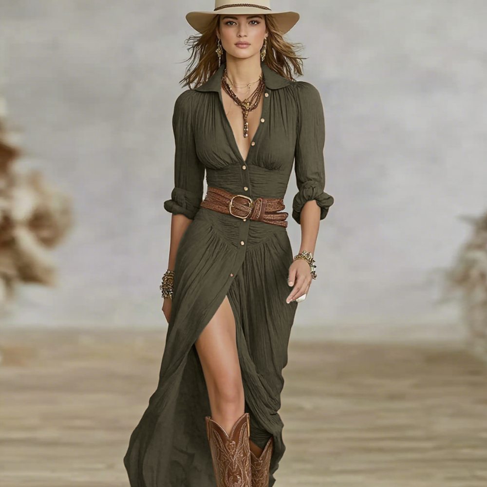 Amelle Abito Lungo Donna – Collo a Revers, Maxi Plissettato & Vestito Elegante Casual