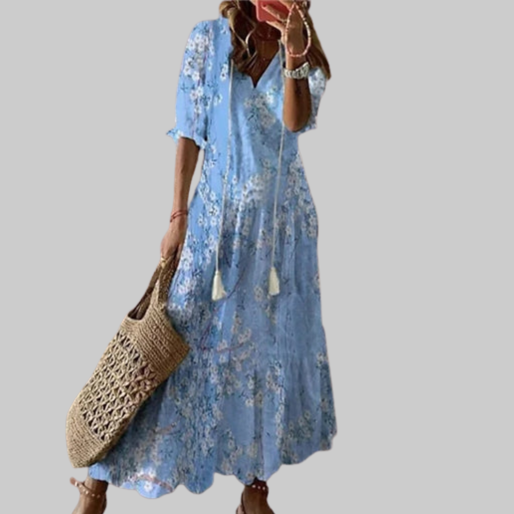 Zarya Robe Boho Femme – Maxi Robe Fluide avec Décolleté en V & Coupe Souple