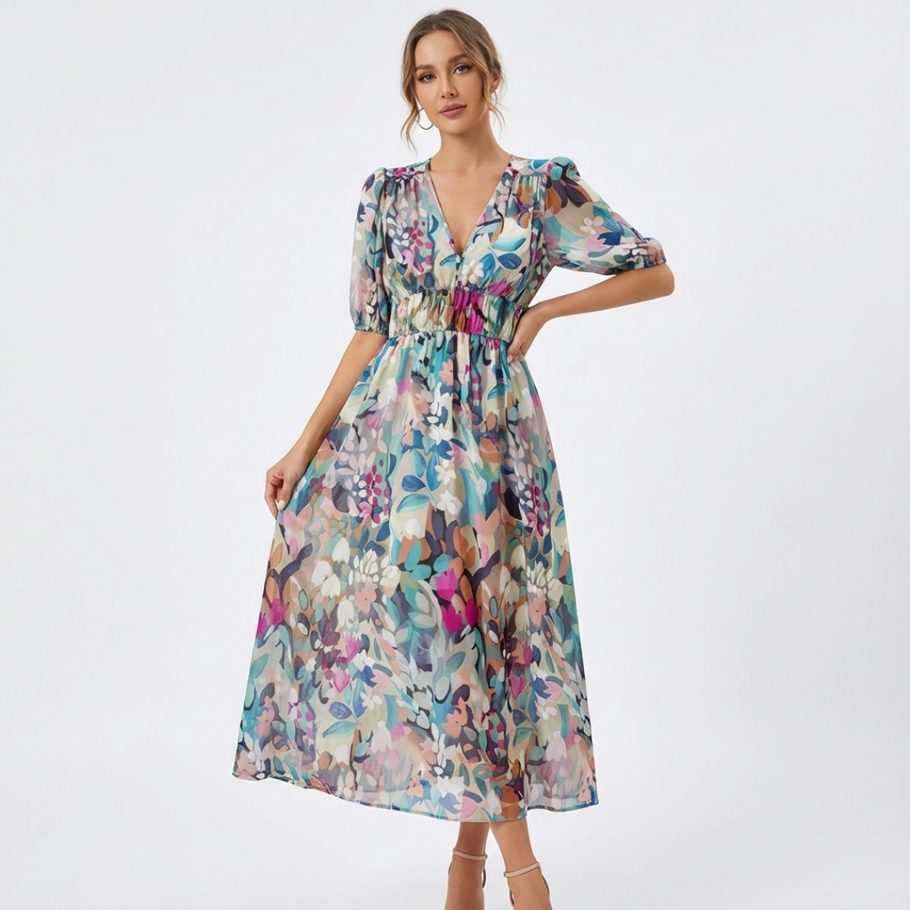 Noana Women's Midi Floral Dress – V-Neck Dress, Elastic Waist, Elegant Casual