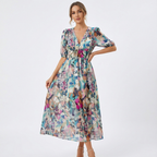 Noana Women's Midi Floral Dress – V-Neck Dress, Elastic Waist, Elegant Casual