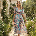 Noana Women's Midi Floral Dress – V-Neck Dress, Elastic Waist, Elegant Casual