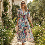Noana Women's Midi Floral Dress – V-Neck Dress, Elastic Waist, Elegant Casual