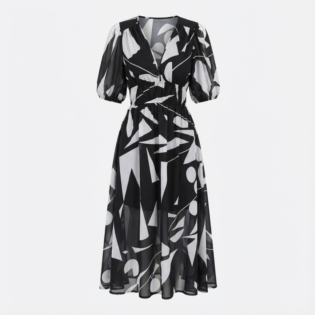 Noana Women's Midi Floral Dress – V-Neck Dress, Elastic Waist, Elegant Casual