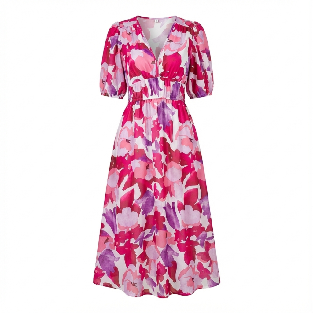 Noana Women's Midi Floral Dress – V-Neck Dress, Elastic Waist, Elegant Casual