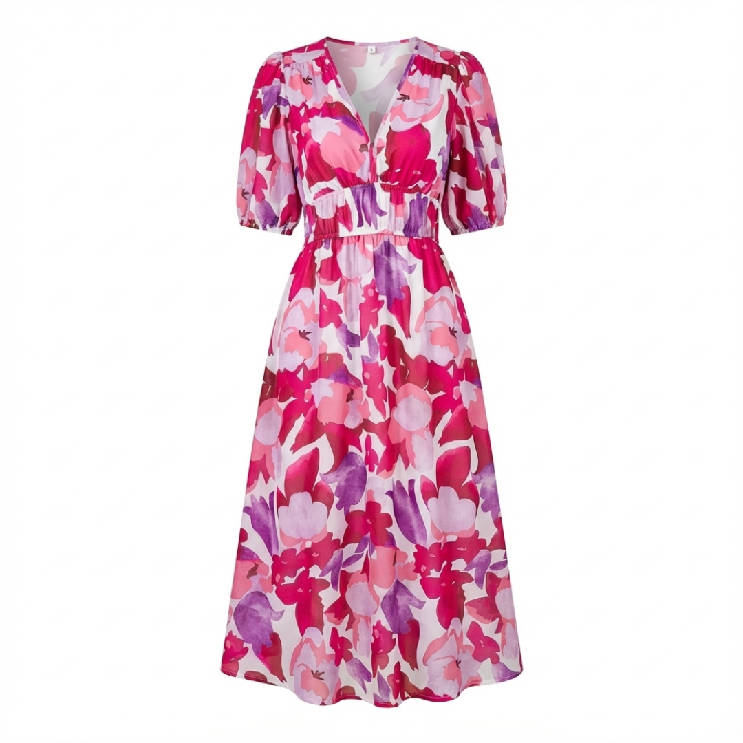 Noana Women's Midi Floral Dress – V-Neck Dress, Elastic Waist, Elegant Casual