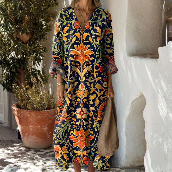 Hilda Abito Donna Lino Vintage – Vestito Midi Stampa Geometrica, Leggero Elegante