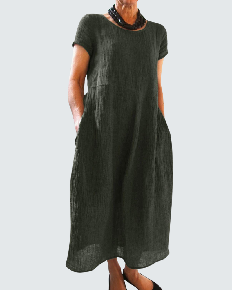 Nora Robe Longue Femme – Robe d'Été Bohème avec Col Rond, Manches Courtes et Poches