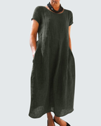 Nora Robe Longue Femme – Robe d'Été Bohème avec Col Rond, Manches Courtes et Poches