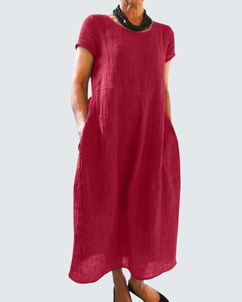 Nora Abito Lungo Donna – Vestito Estivo Boho con Girocollo, Maniche Corte e Tasche