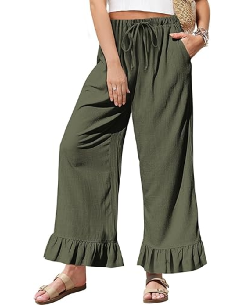 Victoria Pantaloni Donna Lino – Gamba Larga, Orlo Volant & Coulisse