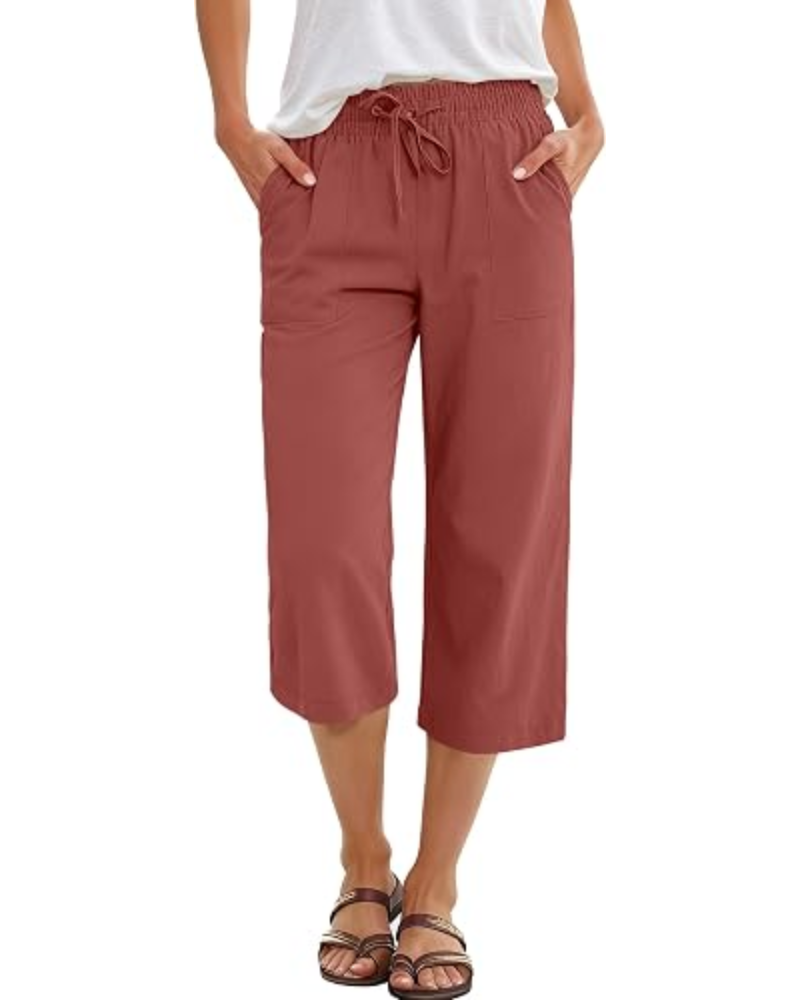 Lily Pantalon capri pour femme – taille haute, cordon de serrage et tissu fluide en rayonne