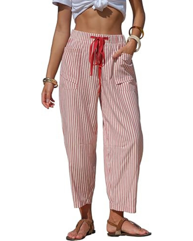 Penelope Pantaloni Donna Barrel – Effetto Lino, Righe, Coulisse & Tasche