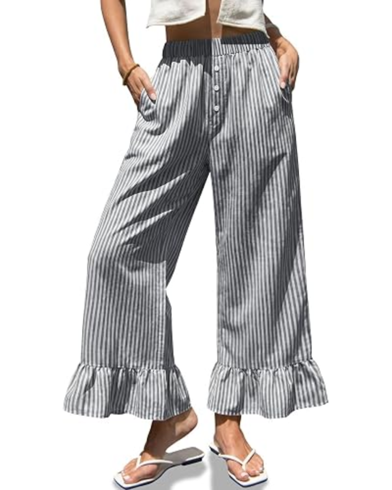 Grace dámské kalhoty Gingham – široké nohavice, volánový lem a elastický pas