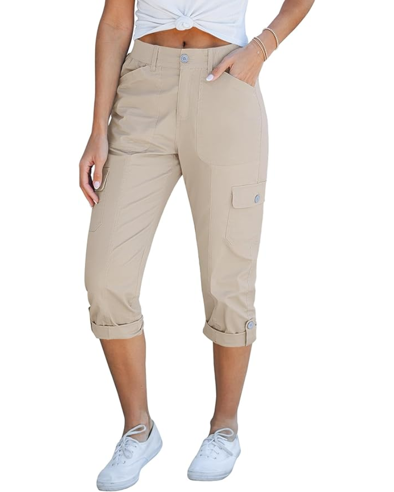 Julia Pantalones Capri Cargo para Mujer – Tiro Alto, 6 Bolsillos y Bajo Enrollado