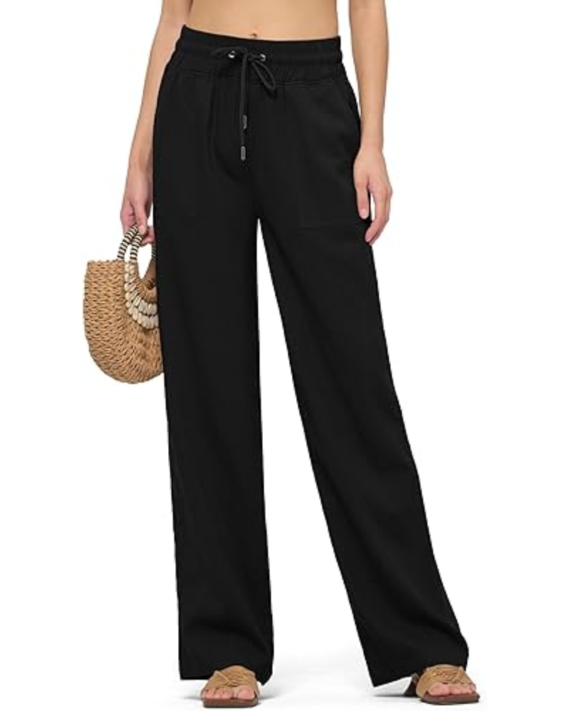 Emma Pantaloni Donna Lino – Gamba Larga, Coulisse & Tasche Funzionali