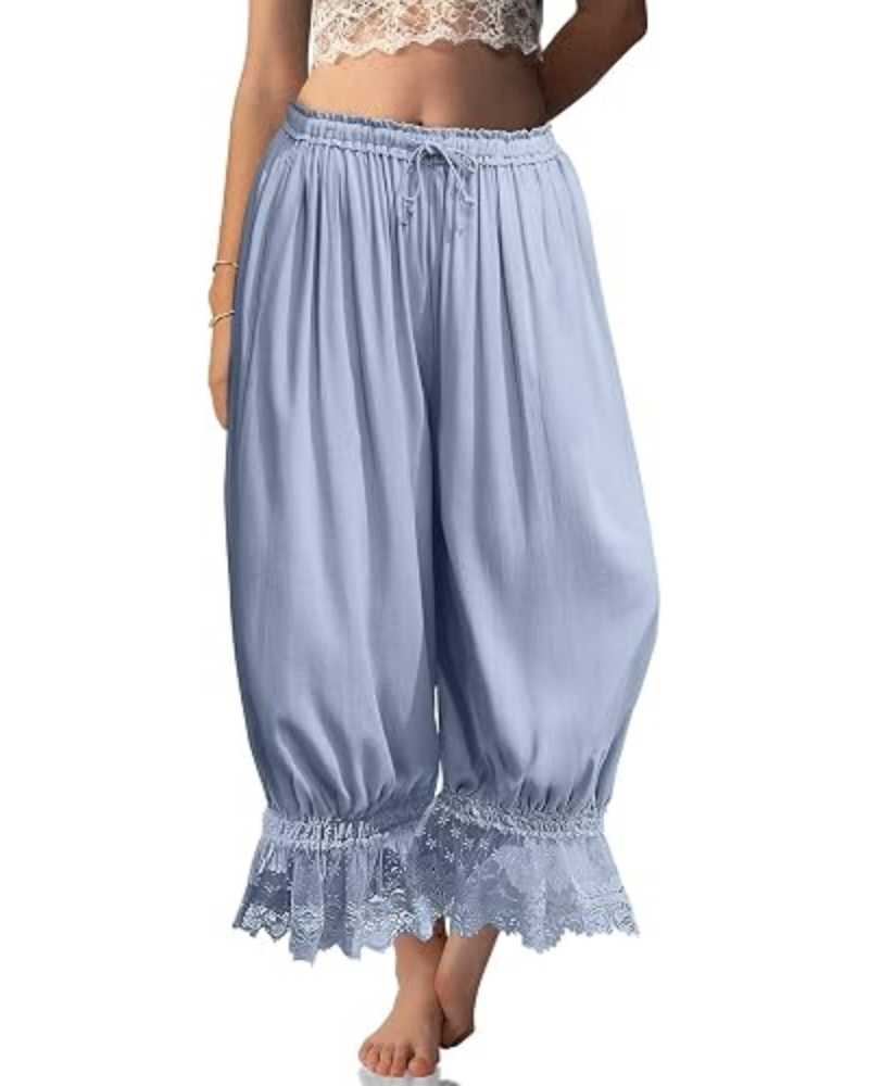 Pantalones bombachos de mujer Ivy Bloomers – Mezcla de lino, encaje con volantes y cordón ajustable