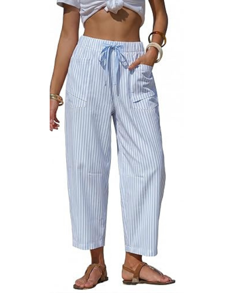 Penelope Pantaloni Donna Barrel – Effetto Lino, Righe, Coulisse & Tasche
