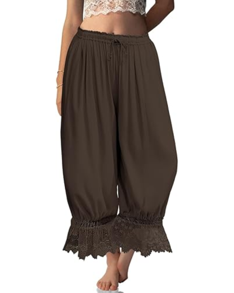 Pantalones bombachos de mujer Ivy Bloomers – Mezcla de lino, encaje con volantes y cordón ajustable