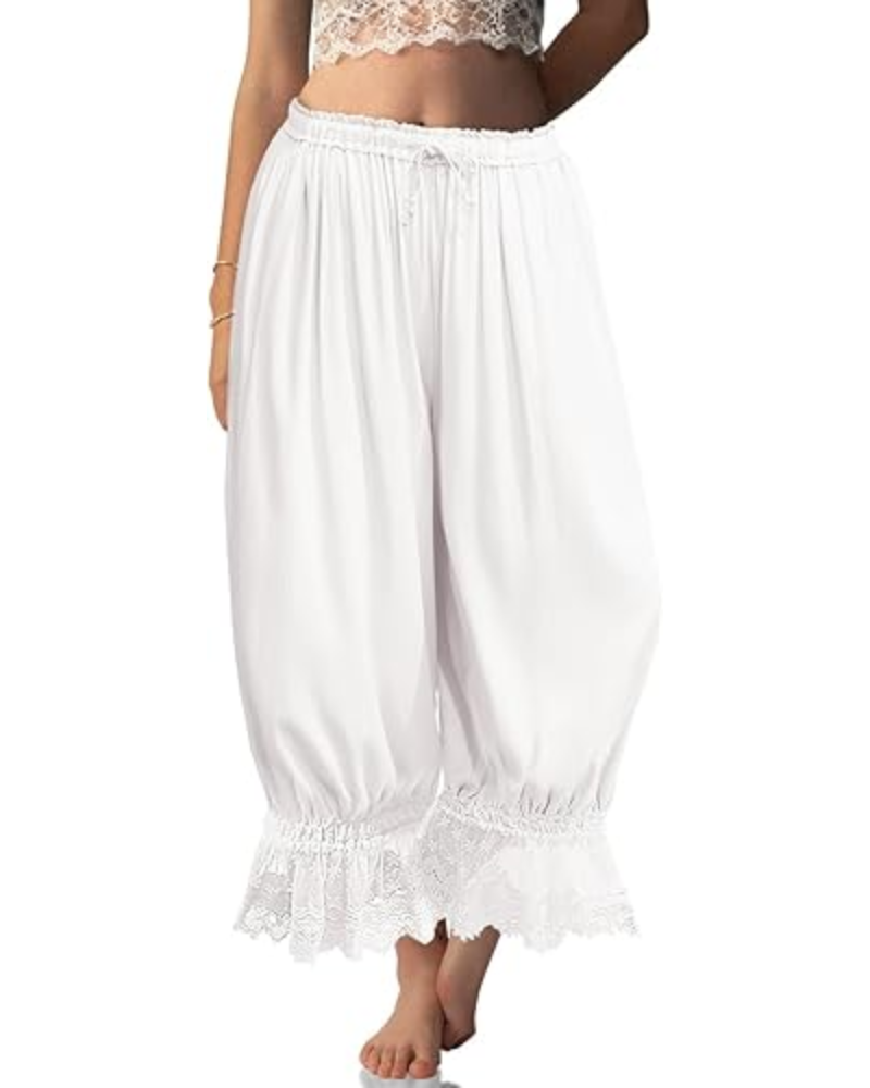 Pantalones bombachos de mujer Ivy Bloomers – Mezcla de lino, encaje con volantes y cordón ajustable