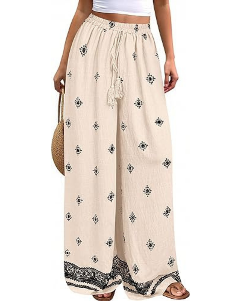 Pantalones de mujer Cassandra estilo boho – Tiro alto, estampado floral y bolsillos laterales