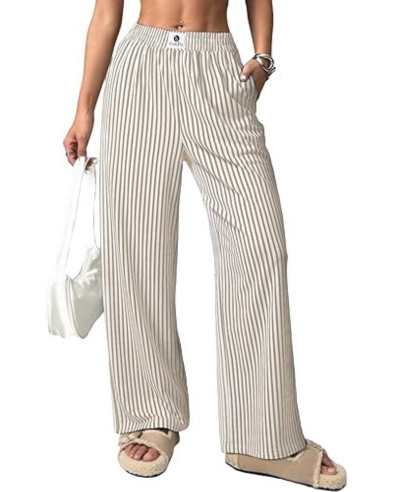 Eliza Pantalones de mujer a rayas – Tiro alto, pierna ancha y bolsillos laterales