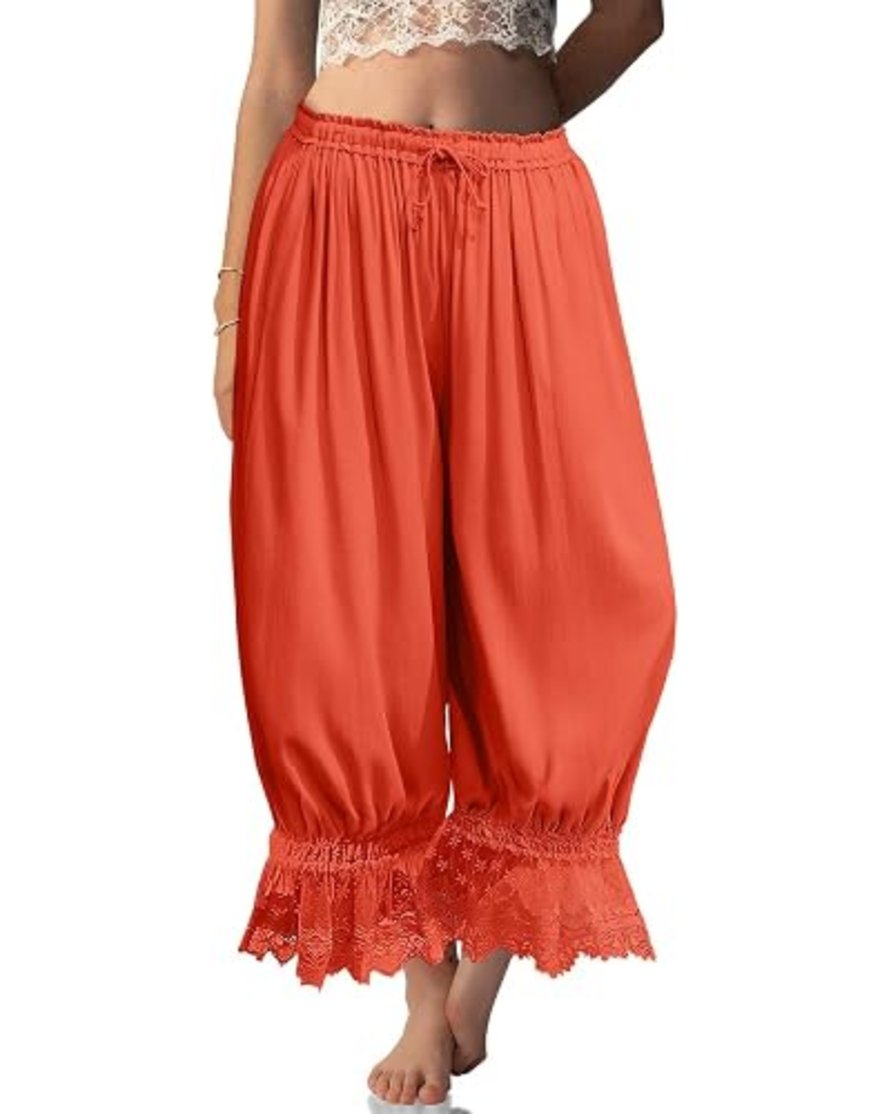 Pantalones bombachos de mujer Ivy Bloomers – Mezcla de lino, encaje con volantes y cordón ajustable