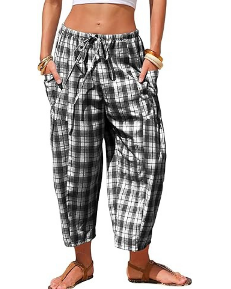 Pantalones de mujer de cuadros vichy – Capri tipo harén, con cordón y bolsillos profundos