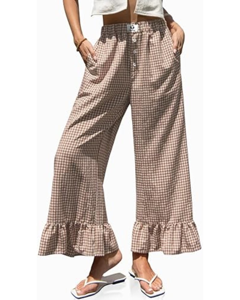 Grace damebukser i gingham – vide ben, volangkant og elastisk midje