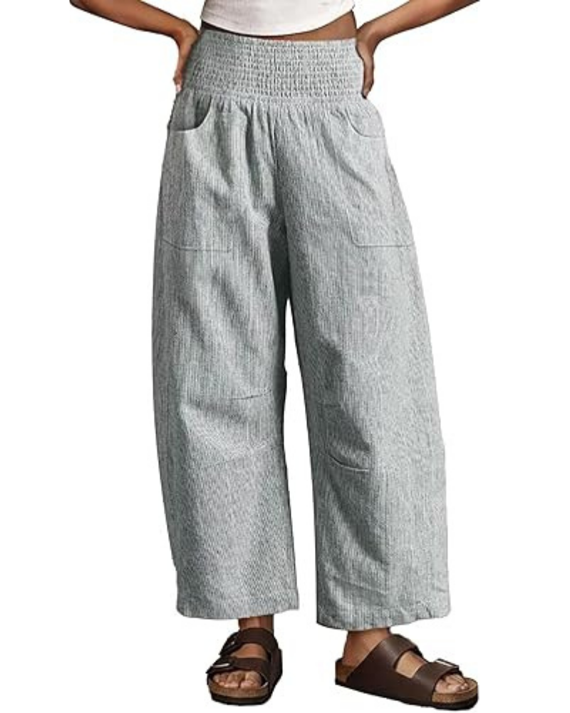 Pantalones de mujer Rebecca Barrel – cintura fruncida, mezcla de algodón y detalles de costuras