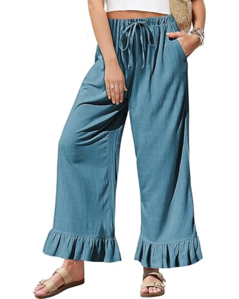 Victoria Pantaloni Donna Lino – Gamba Larga, Orlo Volant & Coulisse