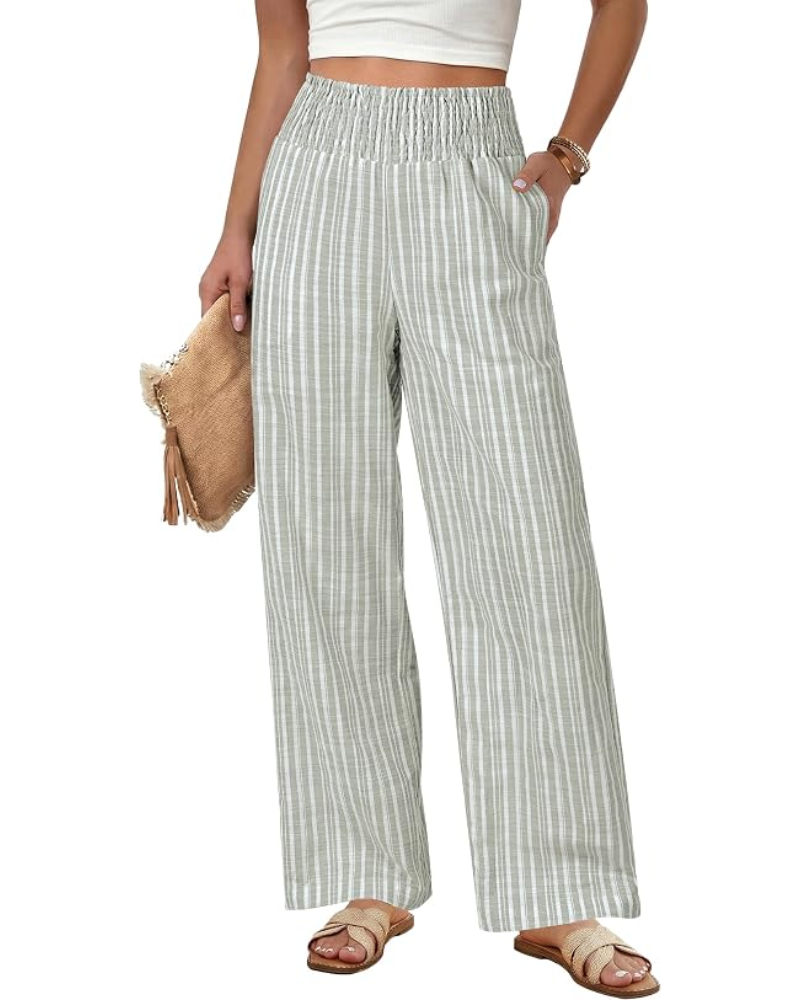 Claire Pantaloni Donna Lino – Righe Verticali, Vita Smock & Tasche Laterali
