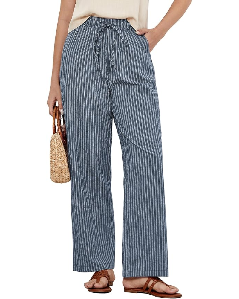 Lucy Pantaloni Donna a Righe – Misto Lino, Gamba Larga & Coulisse