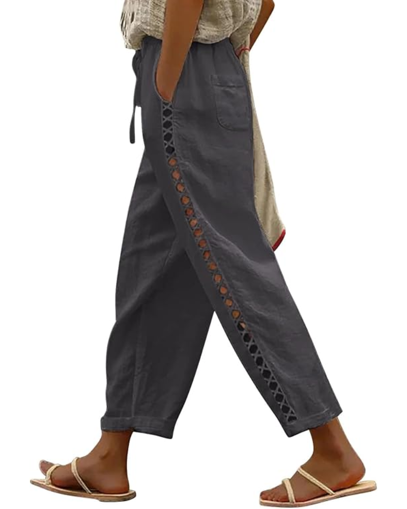 Alice Pantaloni Donna Capri – Lino Traspirante, Coulisse & Dettaglio Cut-Out