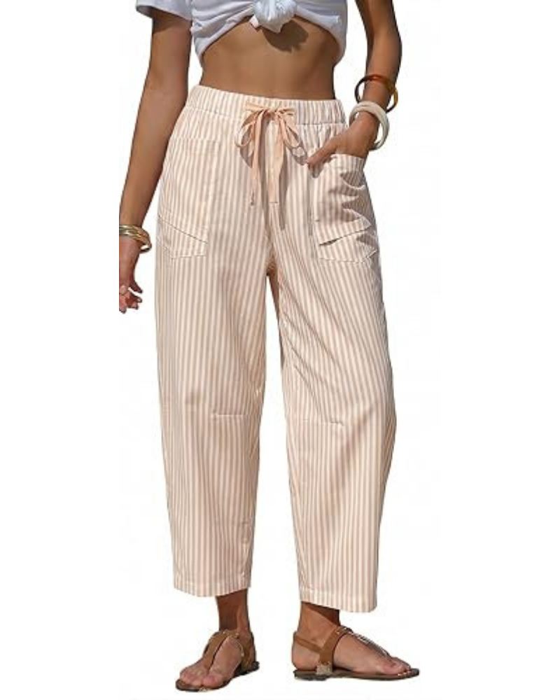 Penelope Pantaloni Donna Barrel – Effetto Lino, Righe, Coulisse & Tasche
