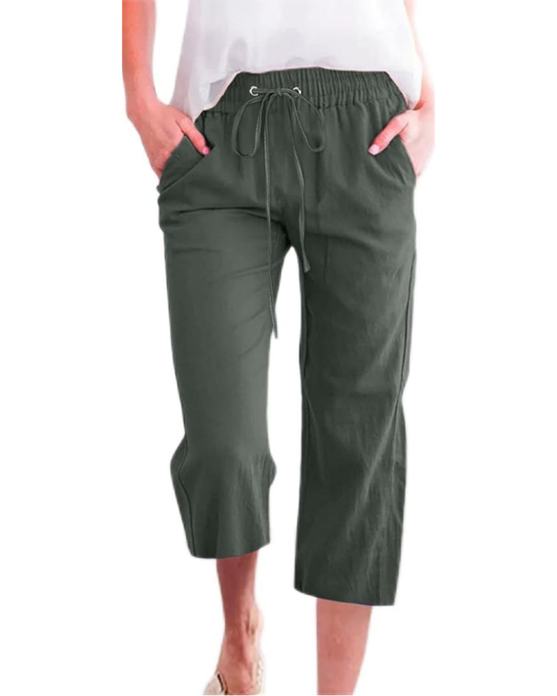 Megan Pantalones Capri para Mujer – Mezcla de Lino, Tiro Alto, Cordón de Ajuste y Bolsillos