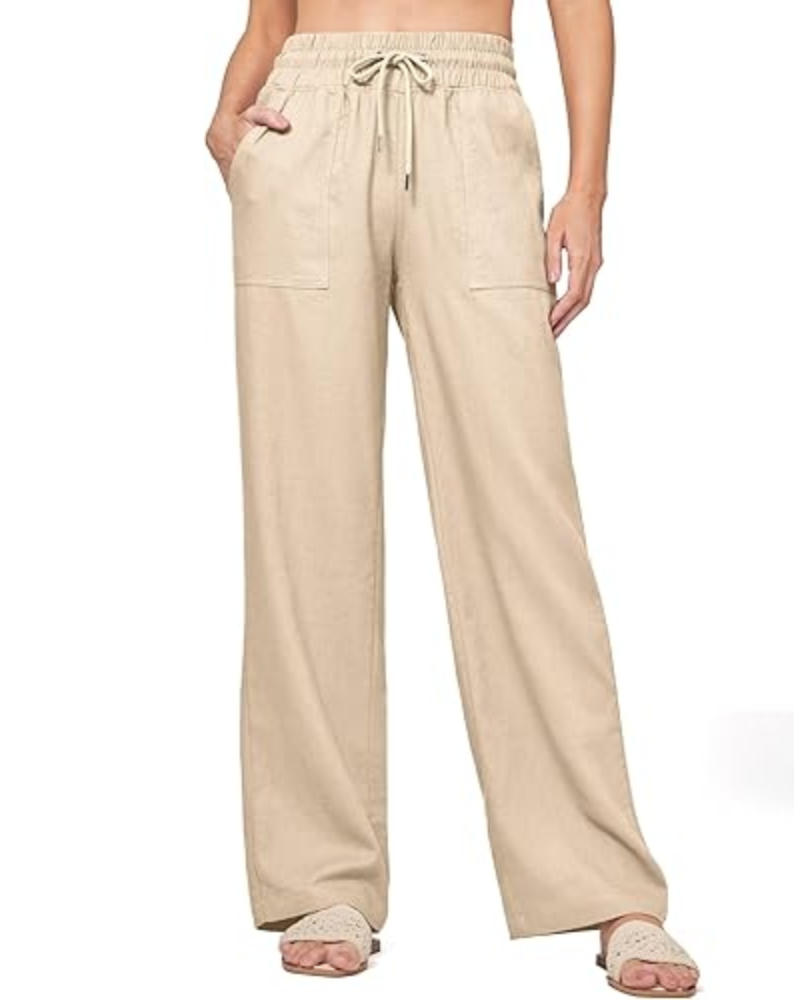 Emma Pantaloni Donna Lino – Gamba Larga, Coulisse & Tasche Funzionali