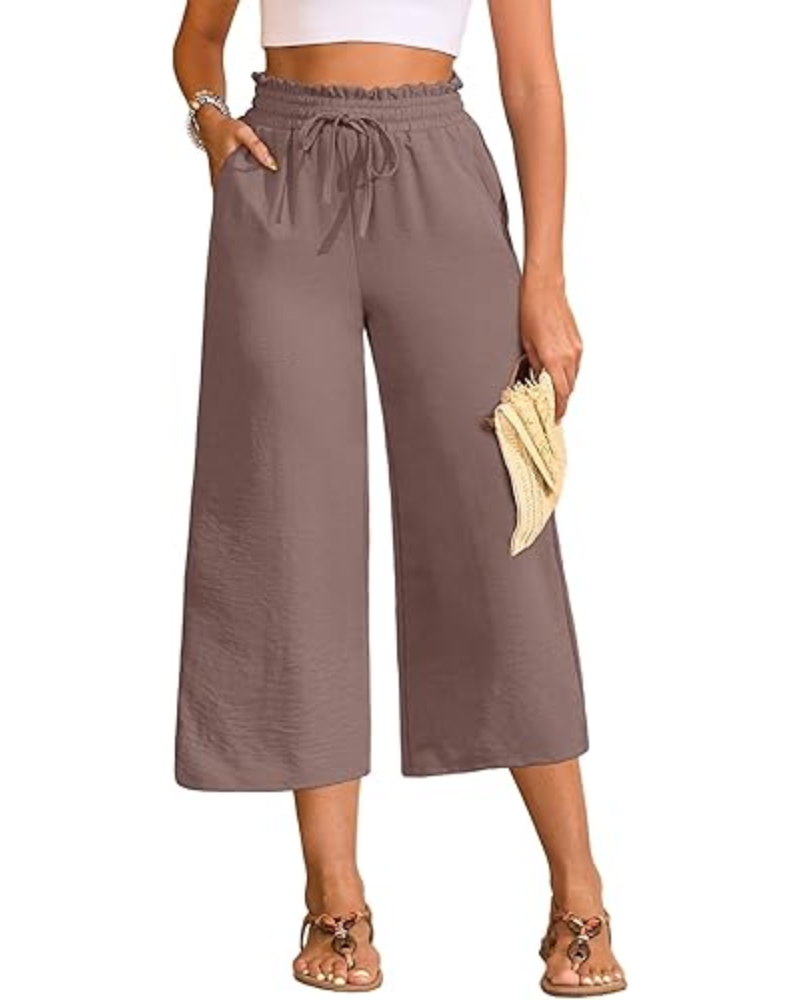 Chloé – Pantalon capri pour femme, taille haute, jambes larges et cordon de serrage réglable