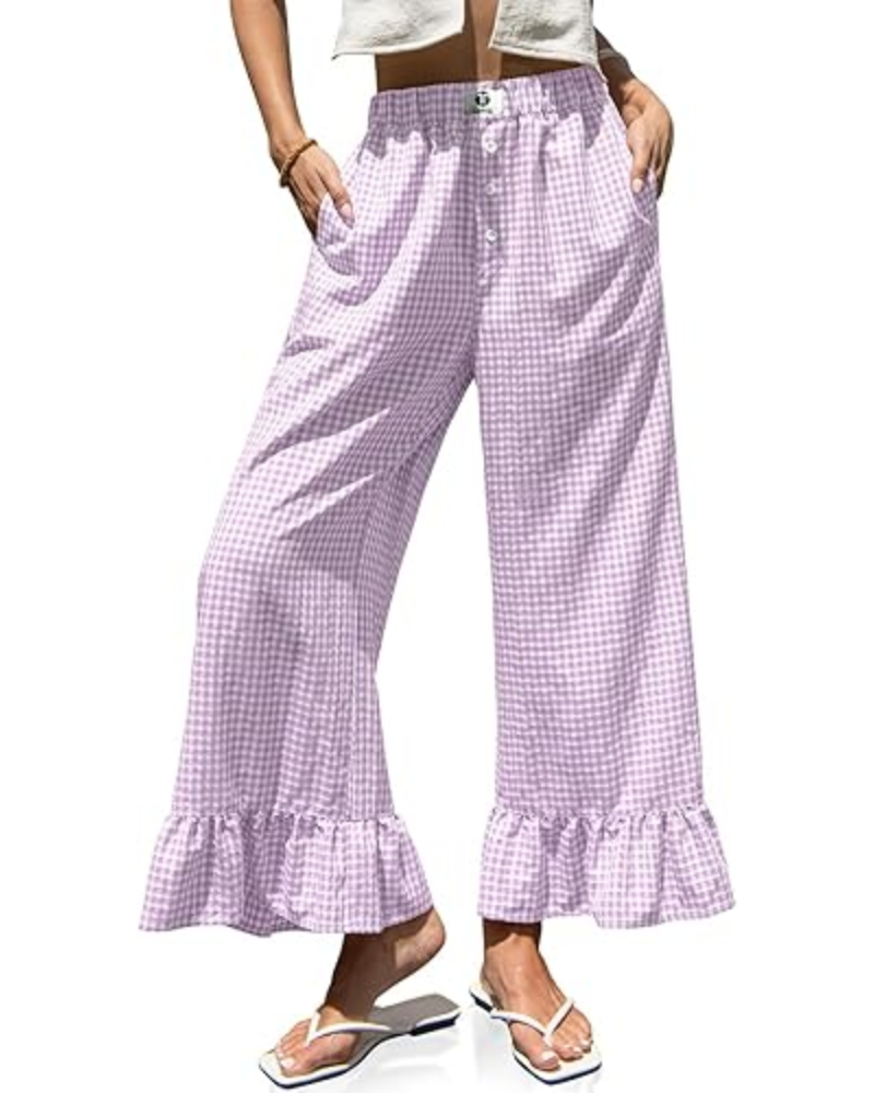 Grace dámské kalhoty Gingham – široké nohavice, volánový lem a elastický pas