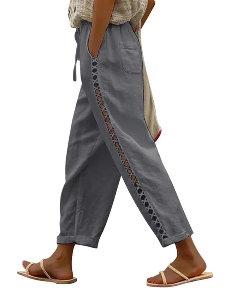 Alice Pantaloni Donna Capri – Lino Traspirante, Coulisse & Dettaglio Cut-Out