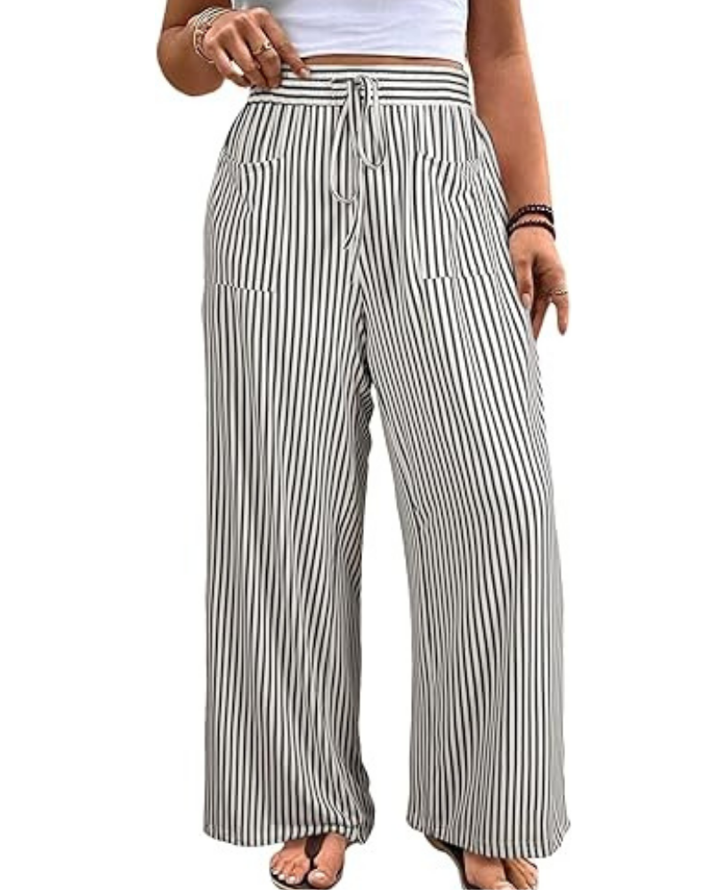 Pantalones violetas de mujer en tallas grandes – a rayas, de talle alto, con cordón y bolsillos