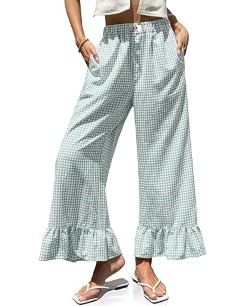 Grace damebukser i gingham – vide ben, volangkant og elastisk midje