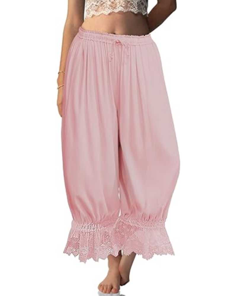 Pantalones bombachos de mujer Ivy Bloomers – Mezcla de lino, encaje con volantes y cordón ajustable