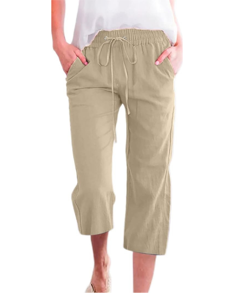 Megan Pantalones Capri para Mujer – Mezcla de Lino, Tiro Alto, Cordón de Ajuste y Bolsillos