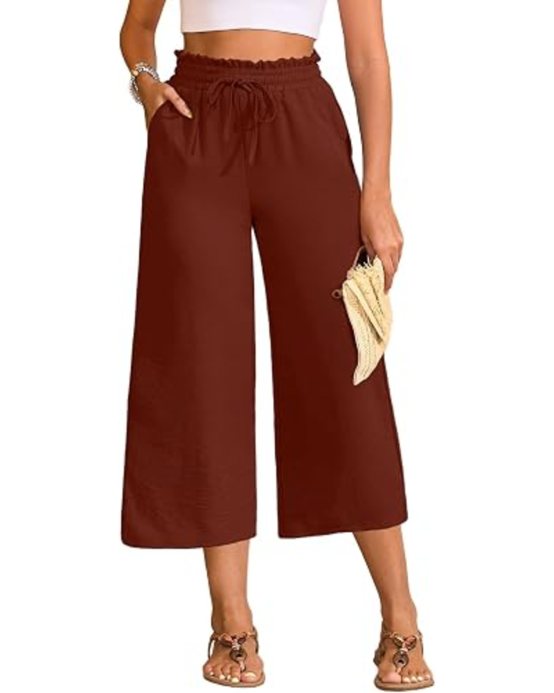 Chloé – Pantalon capri pour femme, taille haute, jambes larges et cordon de serrage réglable