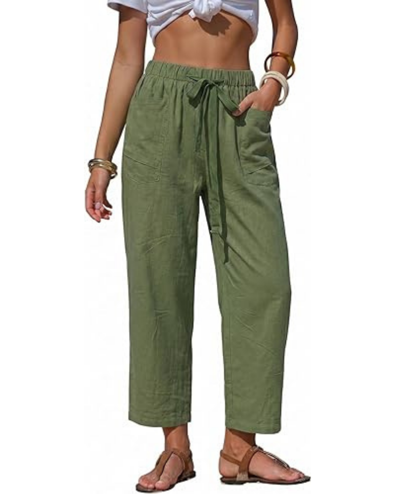 Penelope Pantaloni Donna Barrel – Effetto Lino, Righe, Coulisse & Tasche