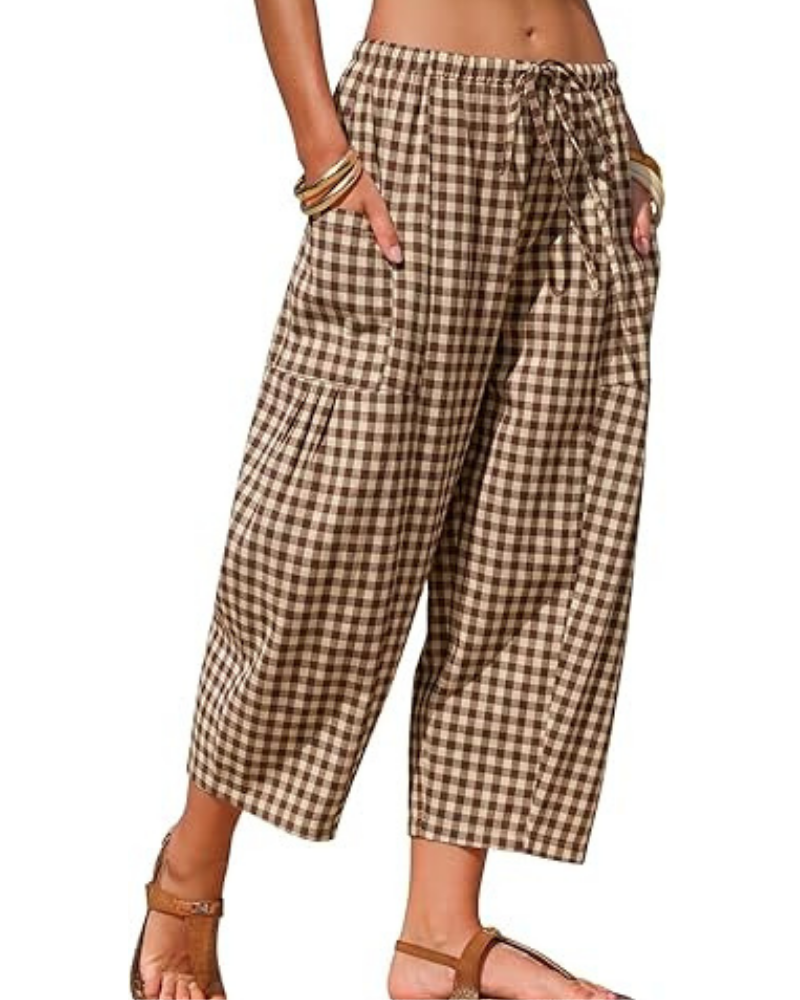 Pantalones de mujer de cuadros vichy – Capri tipo harén, con cordón y bolsillos profundos