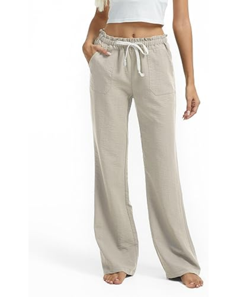 Sarah Pantaloni Donna Lino Tall – Vita Smock, Gamba Flare & Tasche