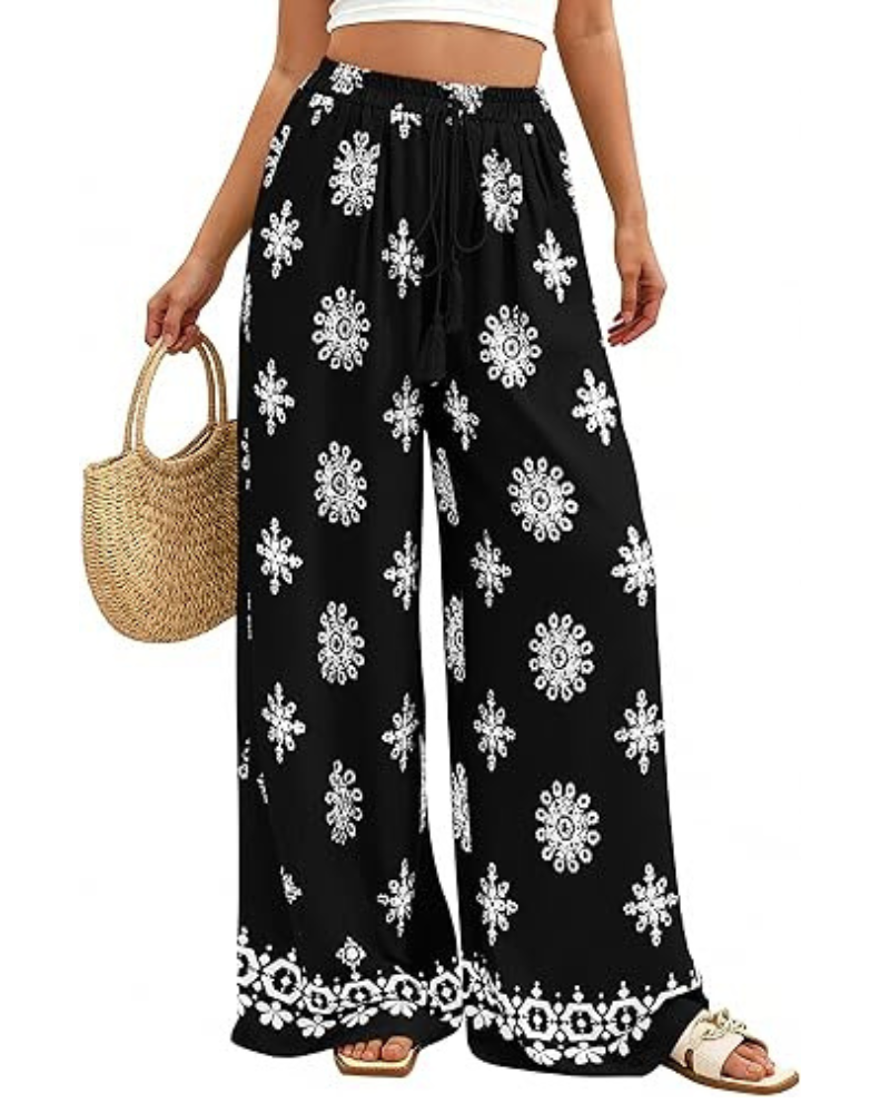 Pantalones de mujer Cassandra estilo boho – Tiro alto, estampado floral y bolsillos laterales