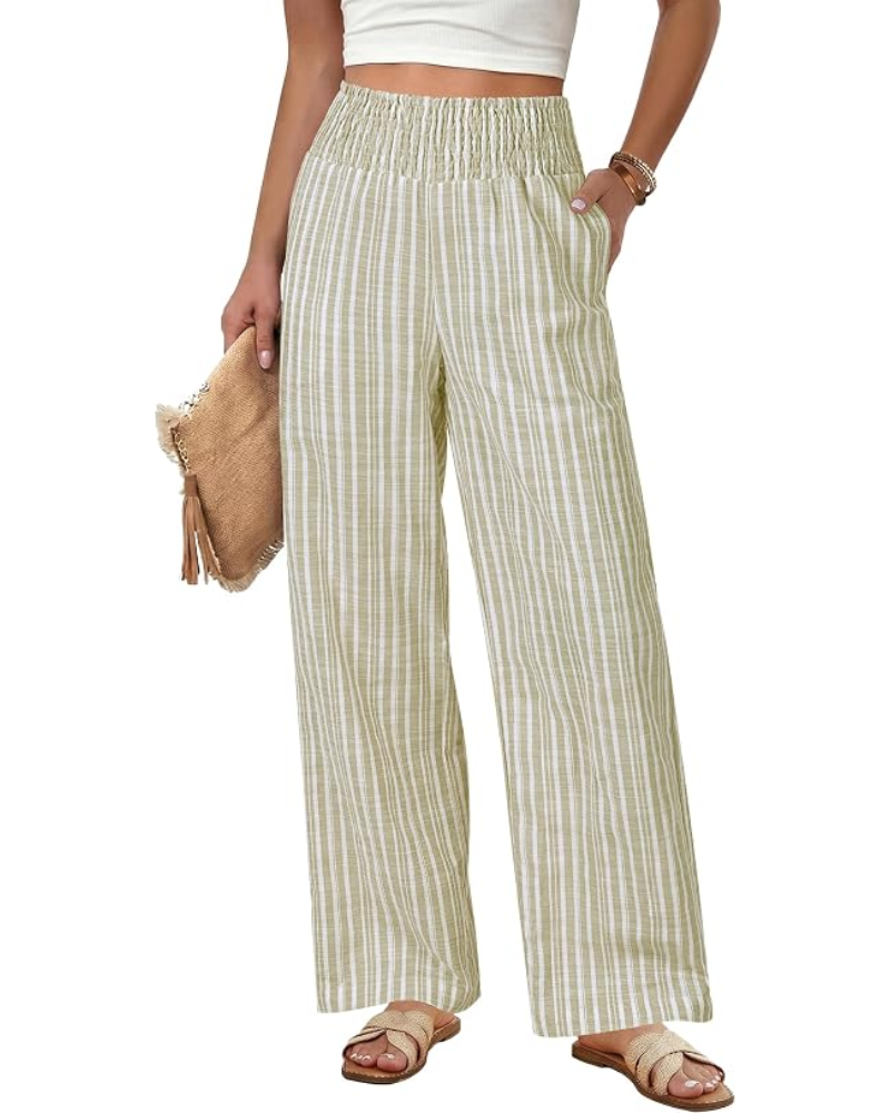 Claire Pantaloni Donna Lino – Righe Verticali, Vita Smock & Tasche Laterali